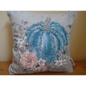 Bella Lux Teal Harvest Pumpkin Halloween Throw Pillow 12x13" Beaded Accent